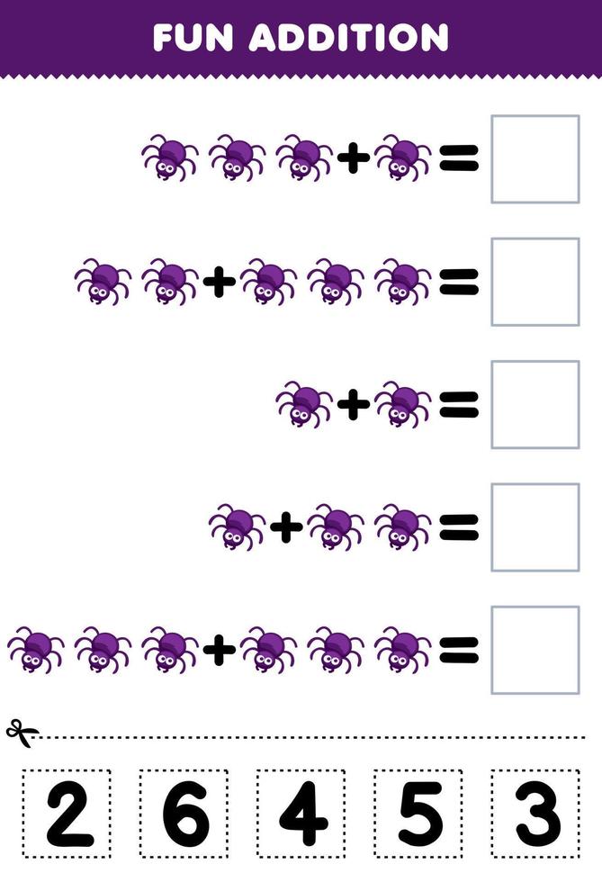 juego educativo para niños adición divertida cortando y combinando el número correcto para la hoja de trabajo imprimible del animal araña púrpura de dibujos animados lindo vector