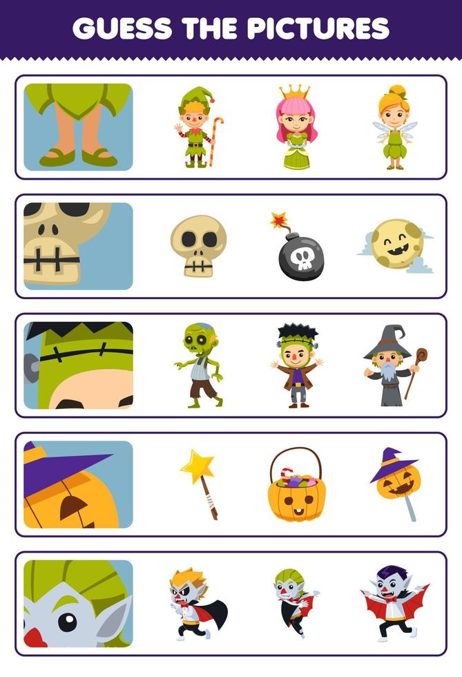 Education game for children guess the correct pictures of cute cartoon fairy skull frankenstein candy dracula costume halloween printable worksheet vector