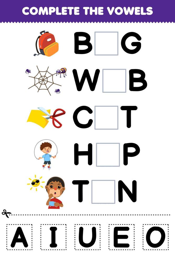 Education game for children complete the vowels of cute cartoon bag web cut hop tan illustration printable worksheet vector