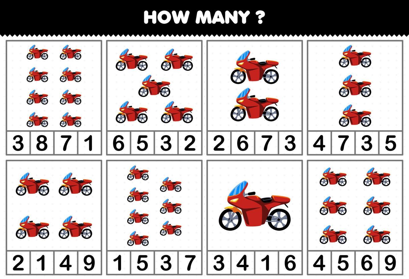 Education game for children counting how many objects in each table of cartoon motorbike transportation vehicle printable worksheet vector