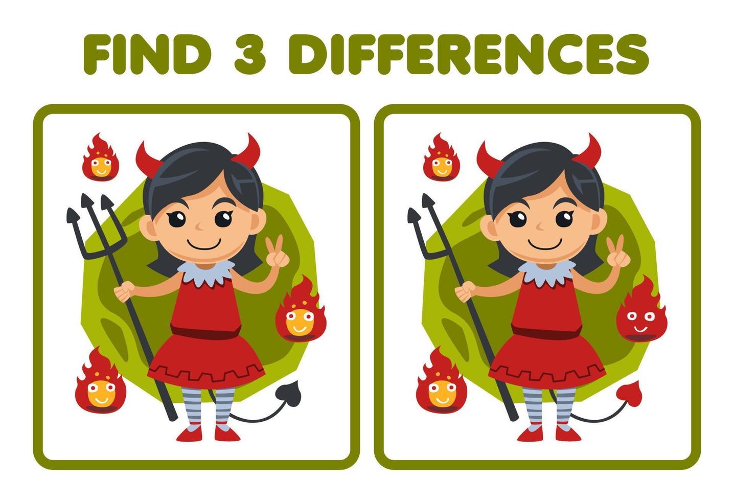 Education game for children find three differences between two cute cartoon devil girl costume halloween printable worksheet vector