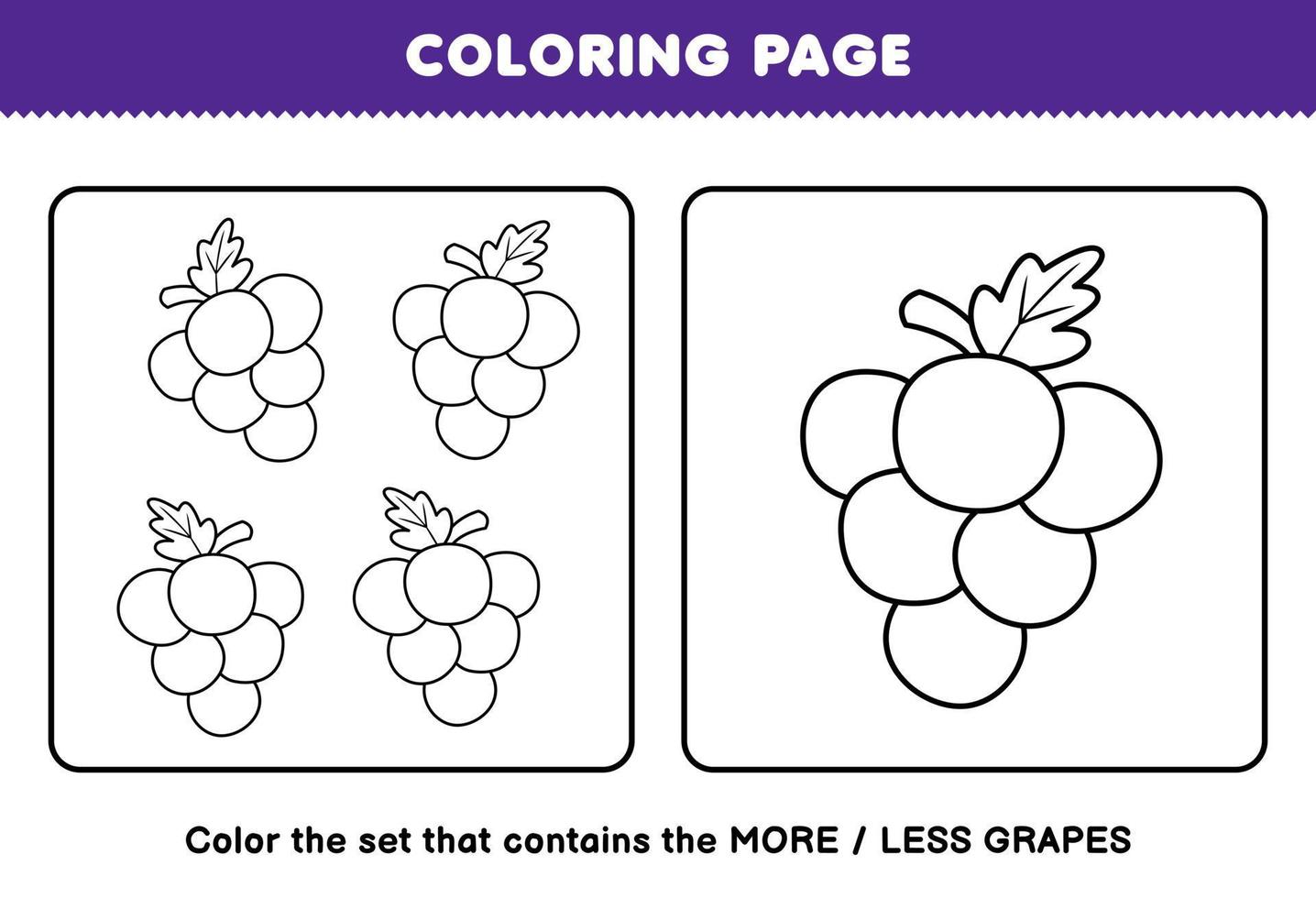 Education game for children coloring page more or less picture of cartoon grape fruit line art set printable worksheet vector