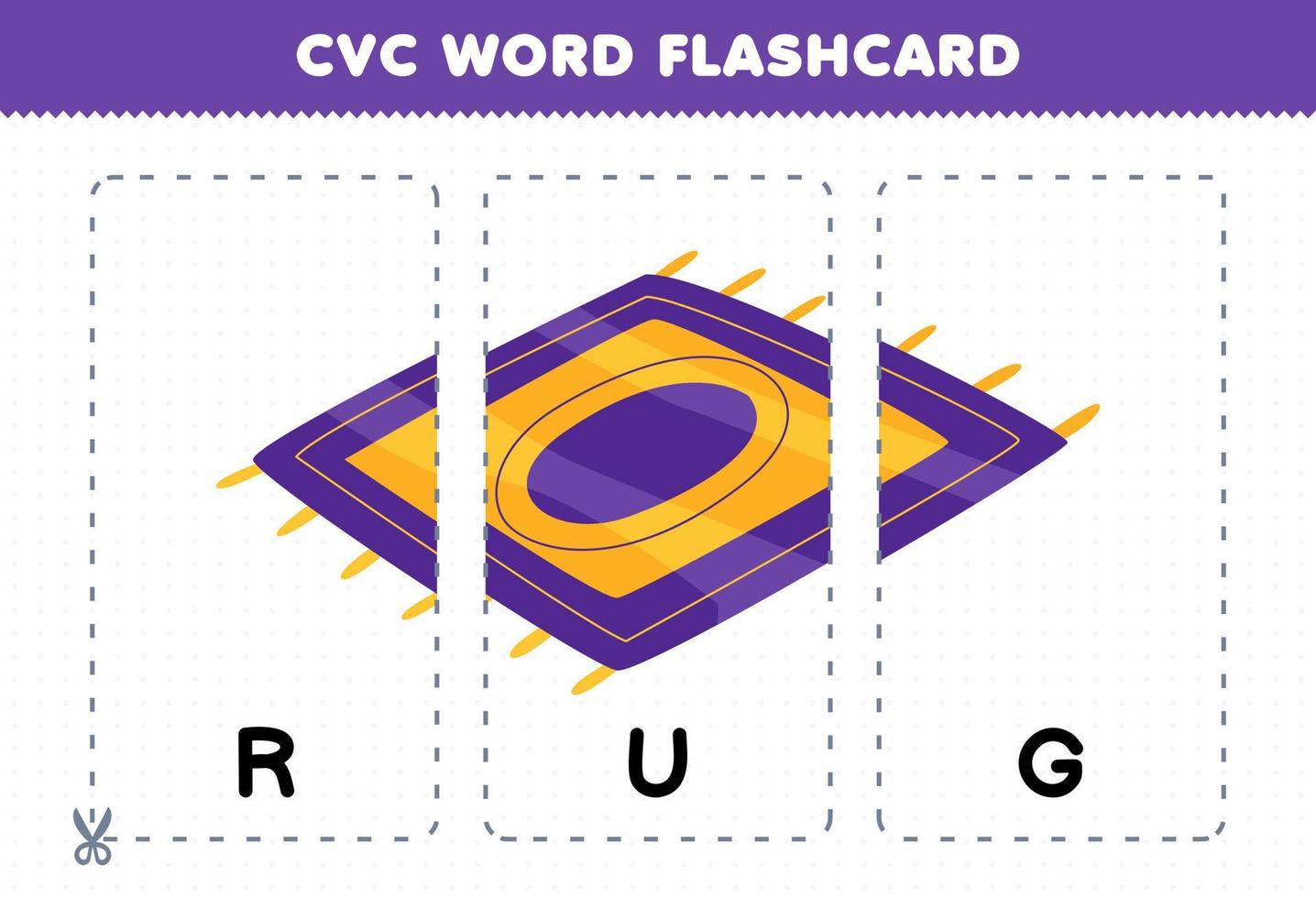 Education game for children learning consonant vowel consonant word with cute cartoon purple RUG illustration printable flashcard vector