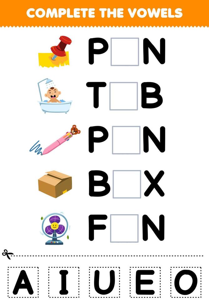 Education game for children complete the vowels of cute cartoon pin tub pen box fan illustration printable worksheet vector