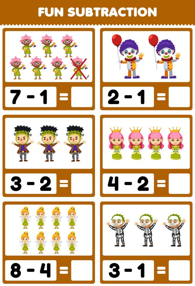Education game for children fun subtraction by counting and eliminating cute cartoon scientist clown frankenstein queen fairy skeleton costume halloween printable worksheet vector