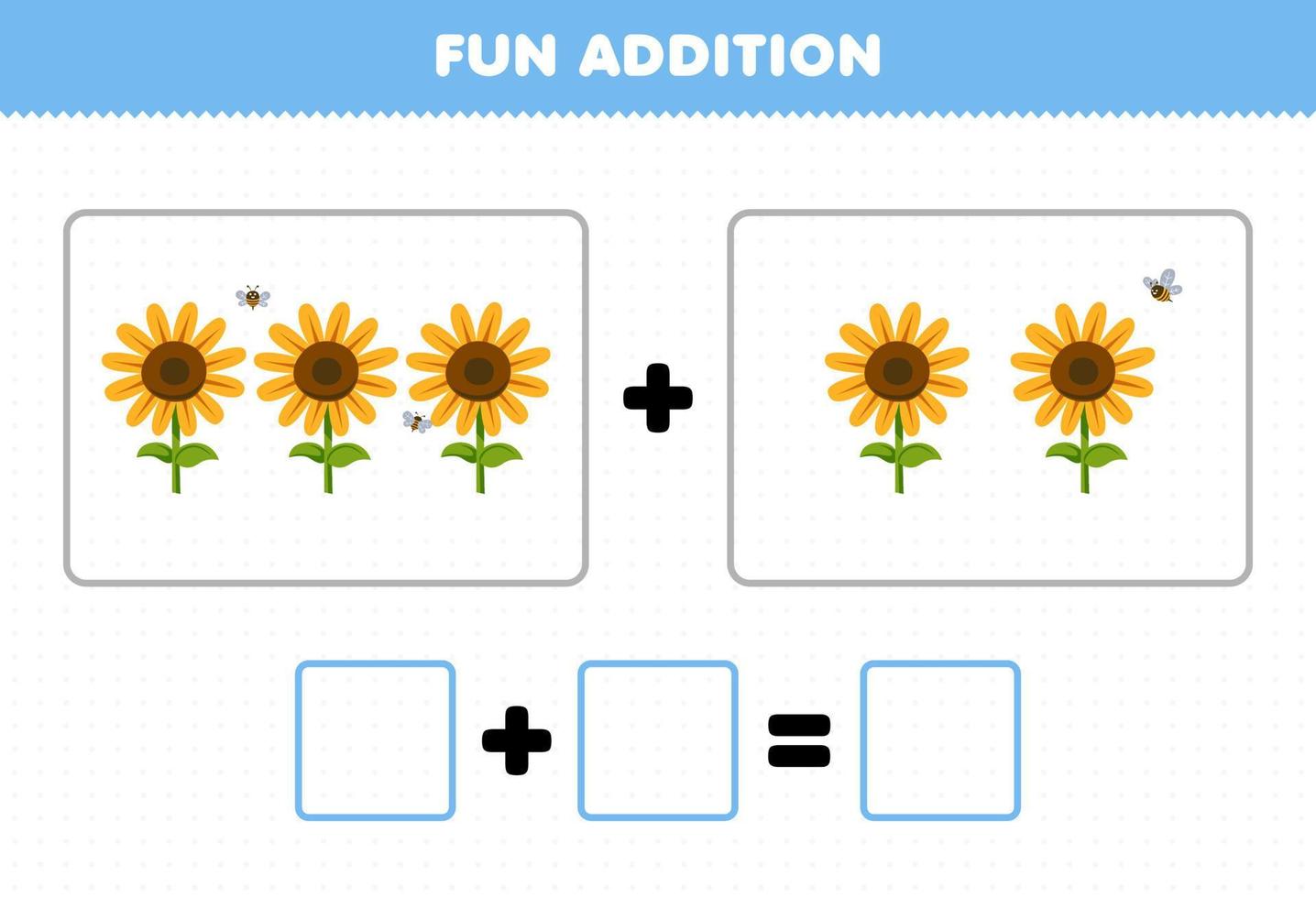 Education game for children fun addition by counting cute cartoon sunflower and bee pictures printable farm worksheet vector