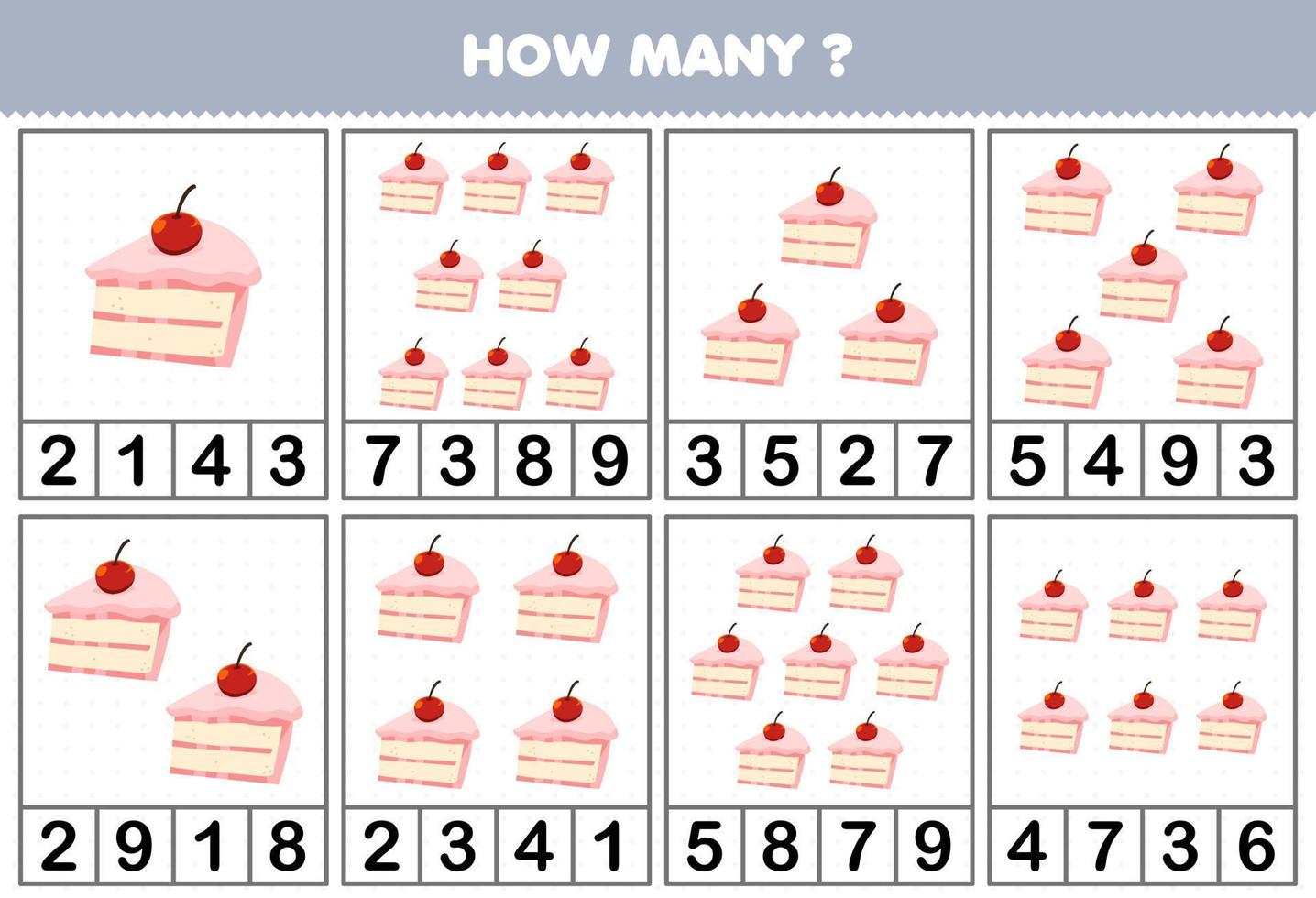 Education game for children counting how many objects in each table of cute cartoon cake printable worksheet vector