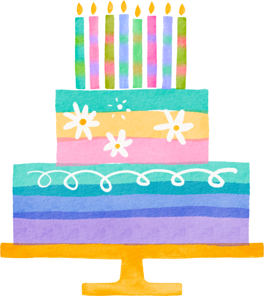 Watercolor colorful bithday cake png