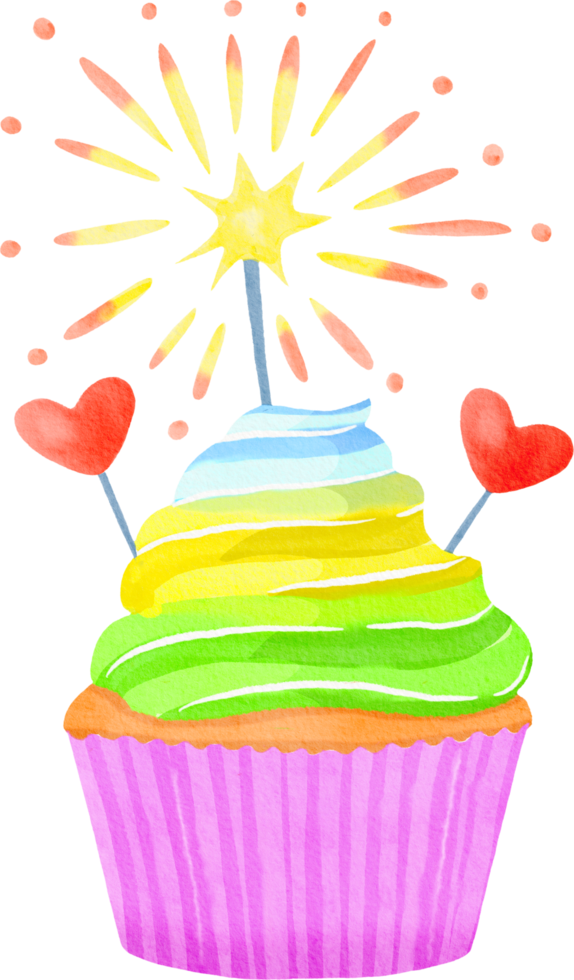 Watercolor colorful birthday cupcake png