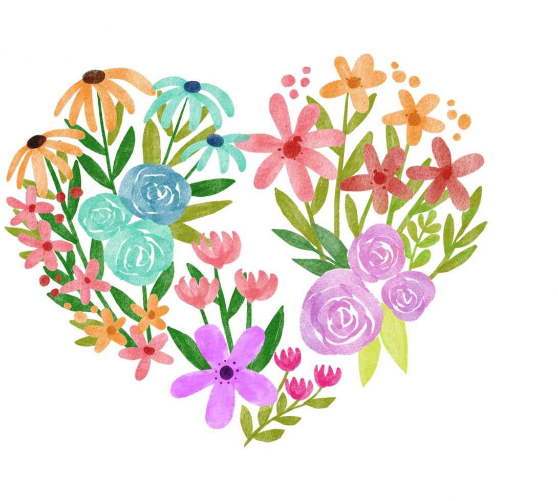 Watercolor Valentines Day floral heart frame with colorful flower png