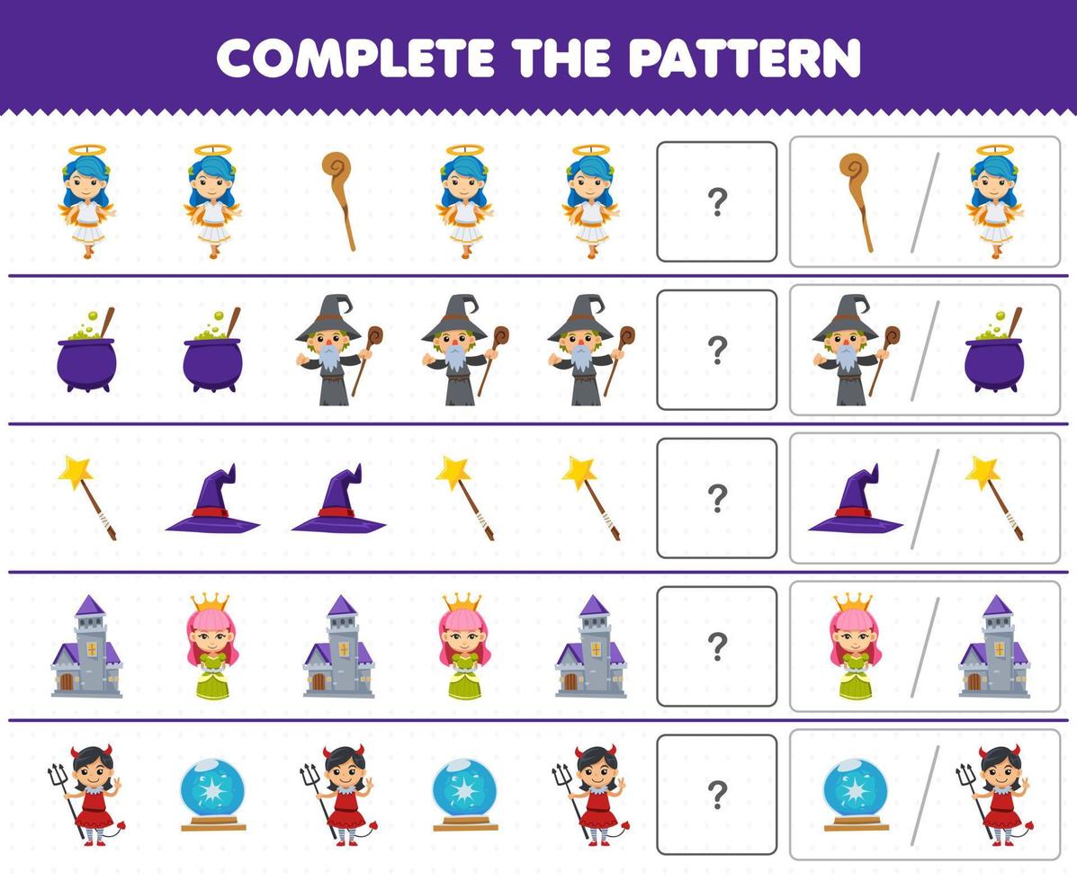 Education game for children complete the pattern by guess the correct picture of cute cartoon wizard queen angel devil girl costume halloween printable worksheet vector