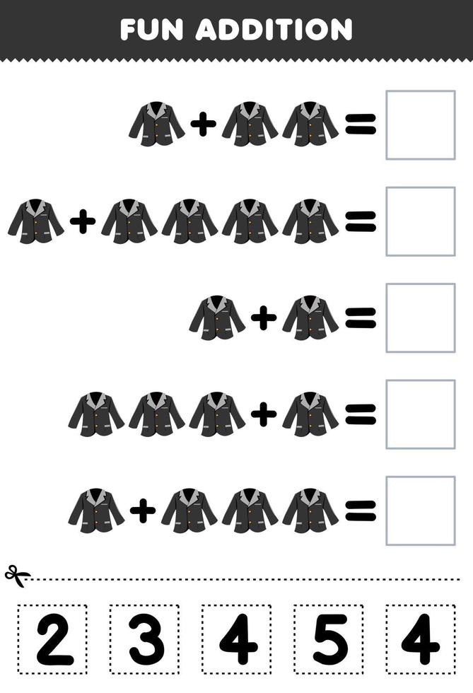 juego educativo para niños adición divertida cortando y combinando el número correcto para dibujos animados ropa portátil abrigo negro traje de esmoquin hoja de trabajo imprimible vector