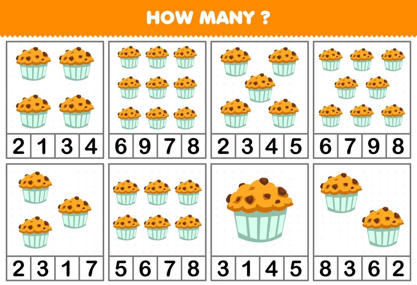 Education game for children counting how many objects in each table of cute cartoon muffin printable worksheet vector