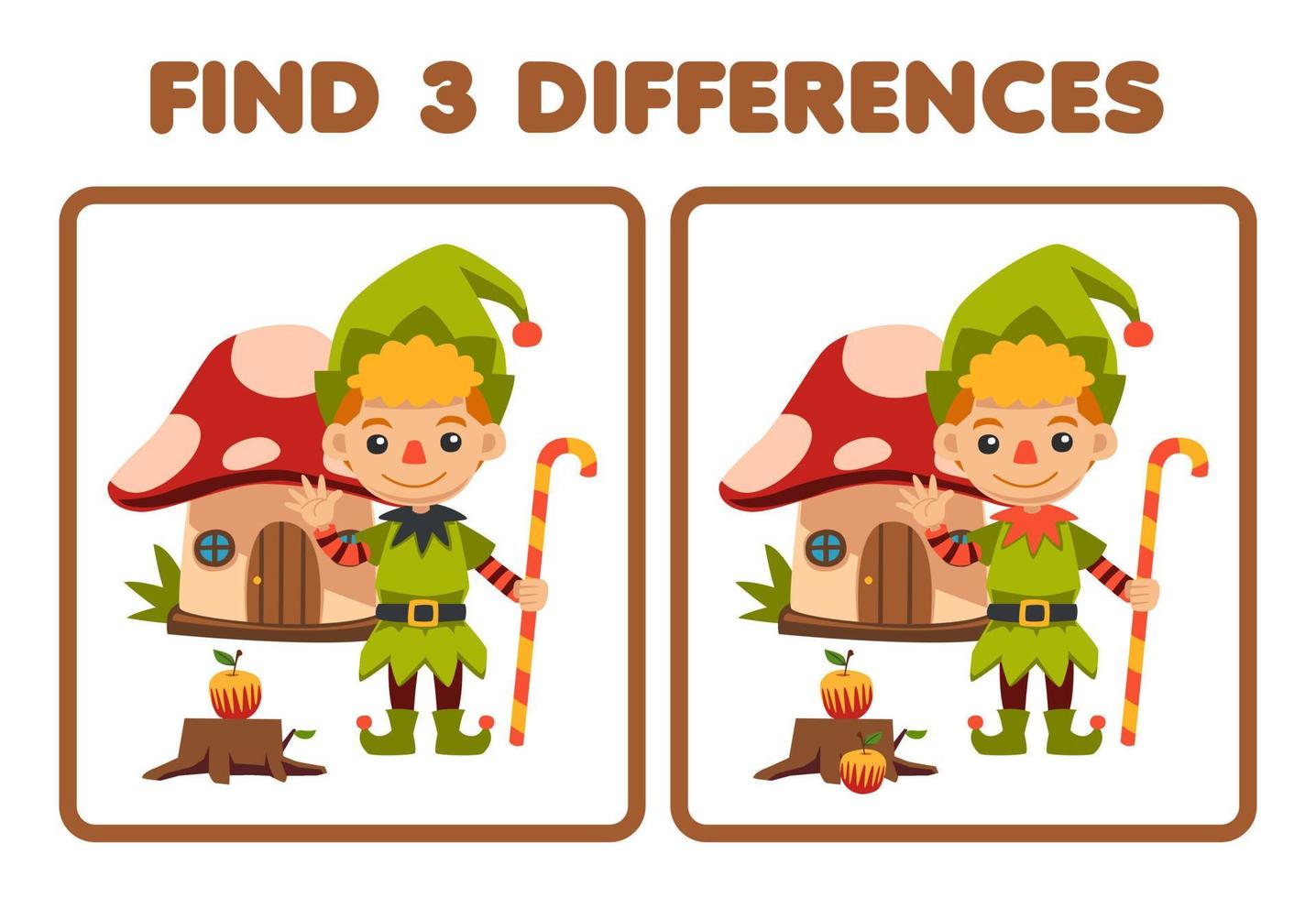Education game for children find three differences between two cute cartoon dwarfs costume halloween printable worksheet vector