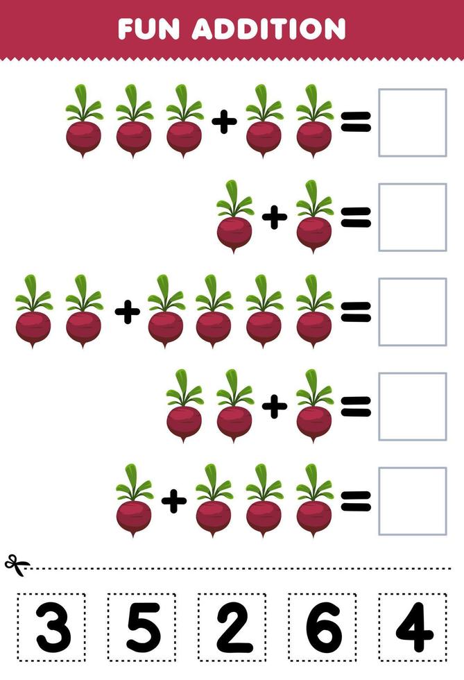Education game for children fun addition by cut and match correct number for cartoon beet vegetable printable worksheet vector