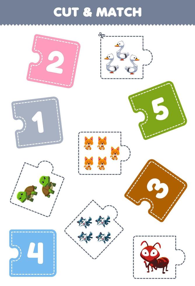 Education game for children cut piece of puzzle and match by number of cute cartoon ant turtle swan wolf cat printable worksheet vector