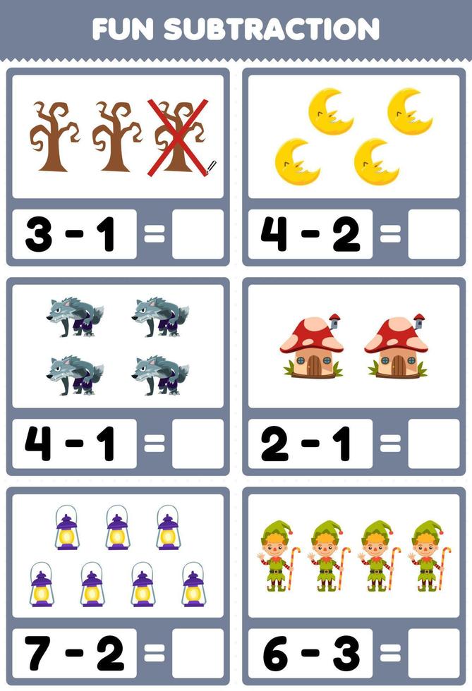 Education game for children fun subtraction by counting and eliminating cute cartoon moon mushroom house lantern werewolf dwarfs costume halloween printable worksheet vector