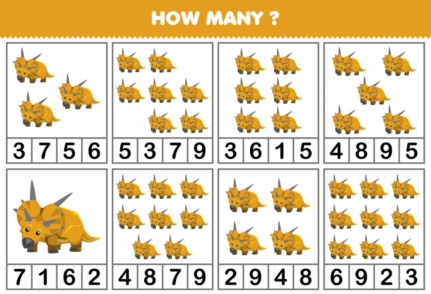 Education game for children counting how many objects in each table of cute cartoon prehistoric dinosaur xenoceratops printable worksheet vector