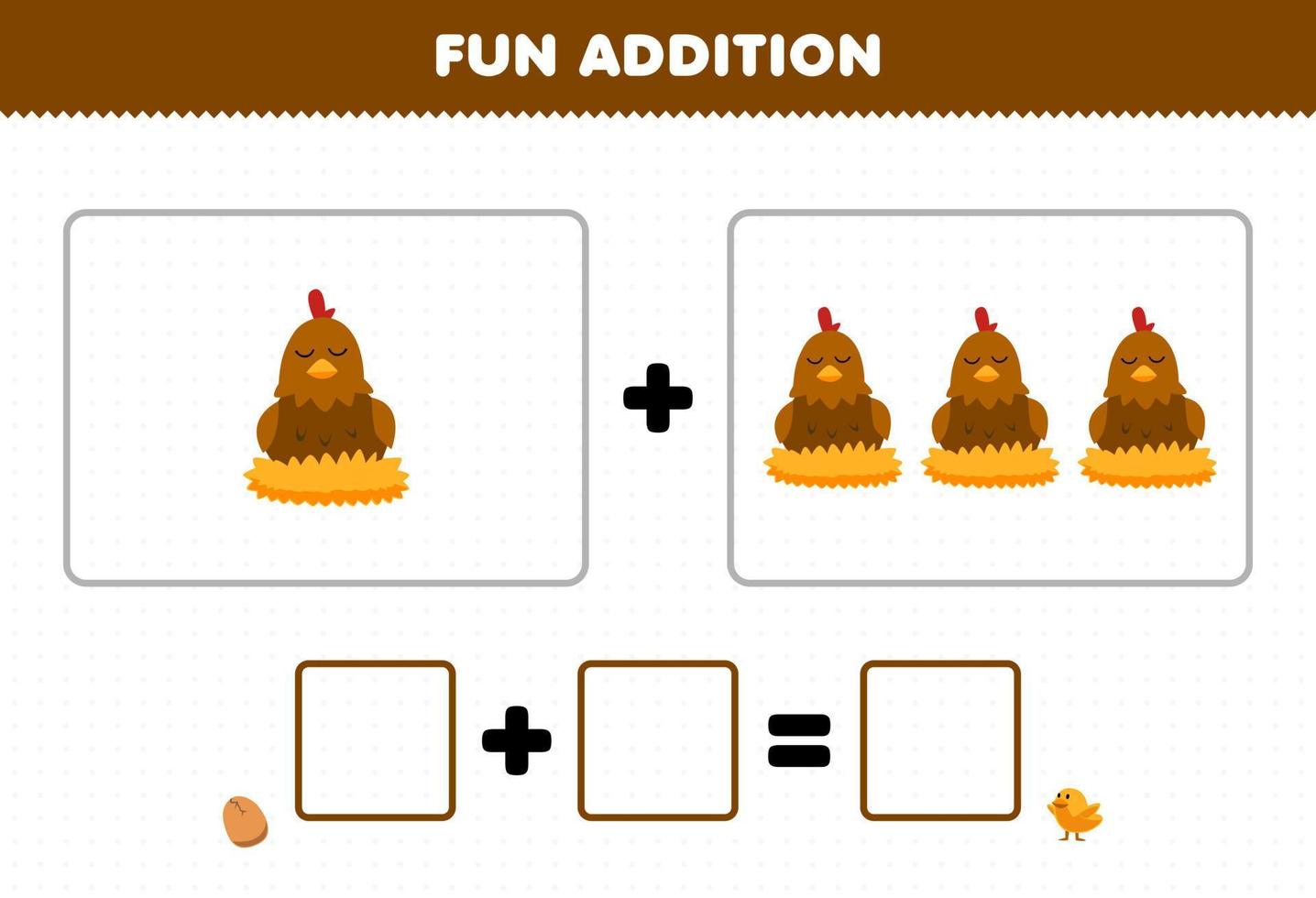 Education game for children fun addition by counting cute cartoon hen chicken in the nest pictures printable farm worksheet vector