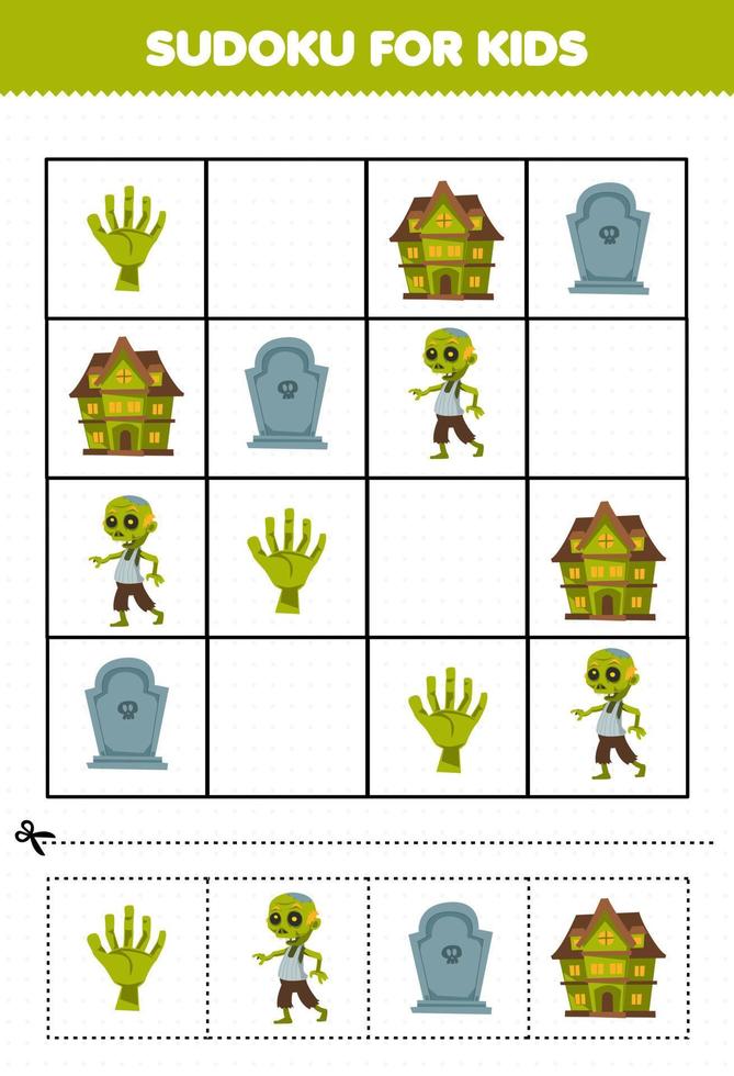 juego educativo para niños sudoku para niños con linda caricatura mano lápida casa espeluznante zombie disfraz halloween hoja de trabajo imprimible vector