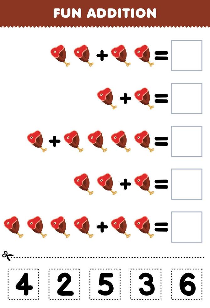 Education game for children fun addition by cut and match correct number for cartoon food ham beef printable worksheet vector