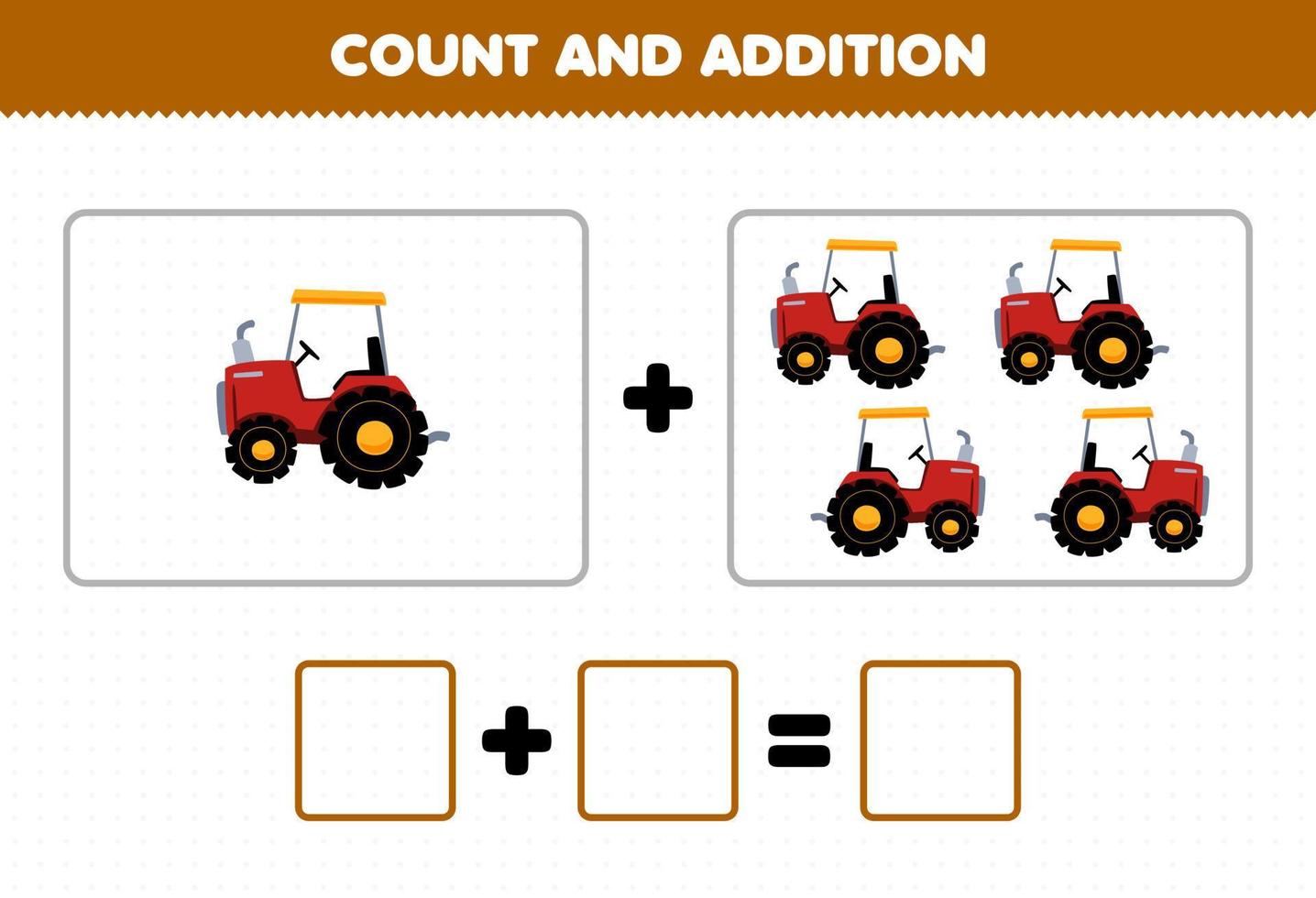 Education game for children fun addition by counting cute cartoon tractor pictures printable farm worksheet vector