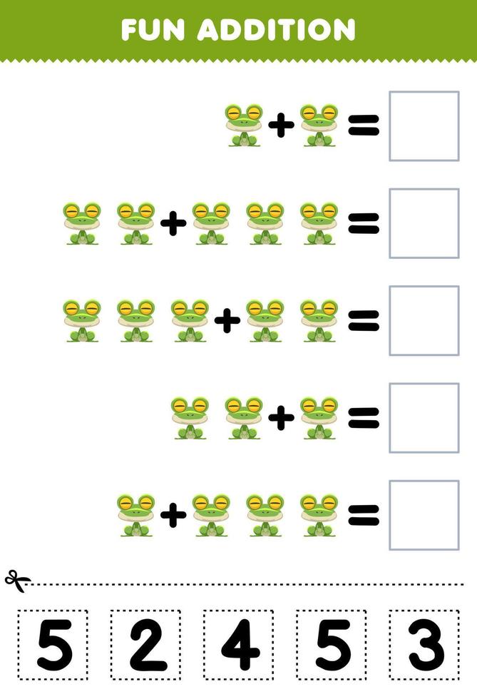 Education game for children fun addition by cut and match correct number for cute cartoon green frog animal printable worksheet vector