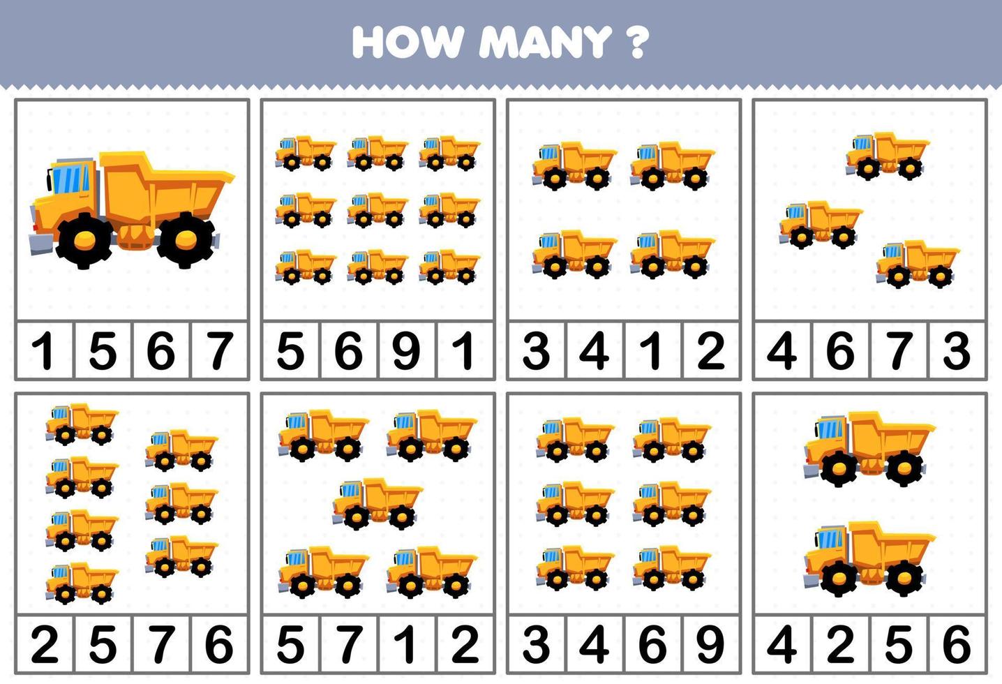 Education game for children counting how many objects in each table of cartoon dump truck heavy machine transportation vehicle printable worksheet vector