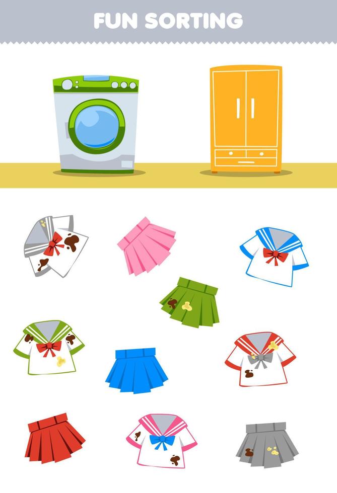 juego educativo para niños divertido clasificando uniforme limpio o sucio y falda ropa ponible a lavadora o armario hoja de trabajo imprimible vector