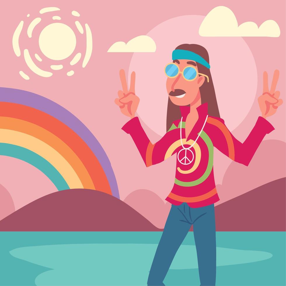 hippie man rainbow background vector