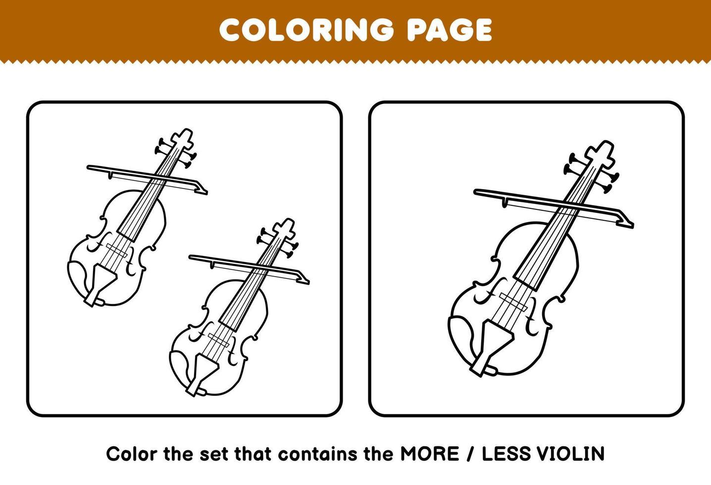 juego educativo para niños página para colorear más o menos imagen de dibujos animados instrumento musical violín conjunto de arte lineal hoja de trabajo imprimible vector