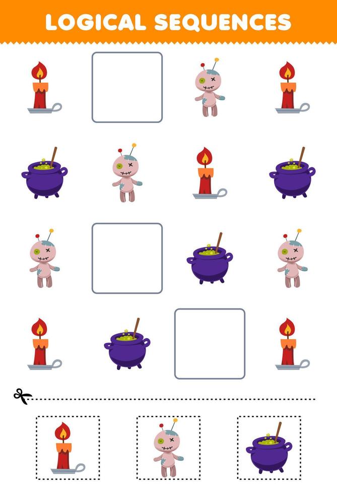 Education game for children logical sequences for kids with cute cartoon candle cauldron voodoo doll picture halloween printable worksheet vector