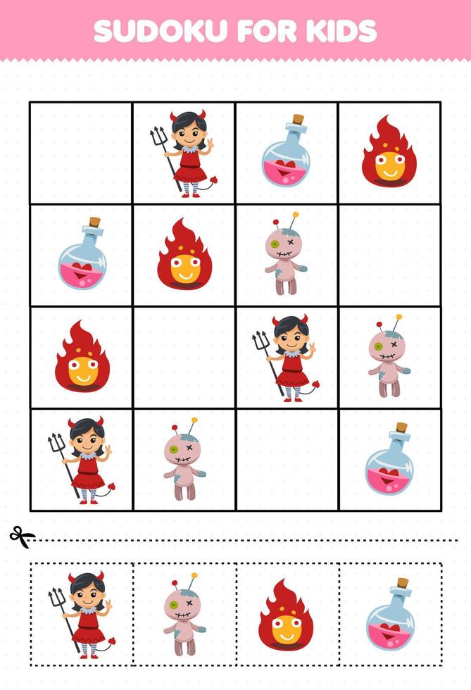 juego educativo para niños sudoku para niños con dibujos animados lindo botella de poción fuego muñeco vudú disfraz de niña diablo hoja de trabajo imprimible de halloween vector