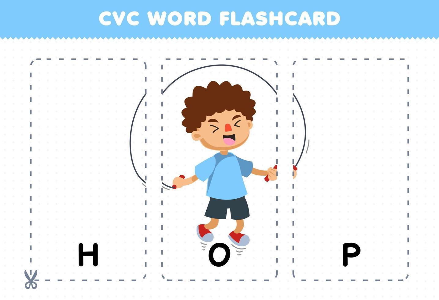 Education game for children learning consonant vowel consonant word with cute cartoon boy HOP with rope illustration printable flashcard vector