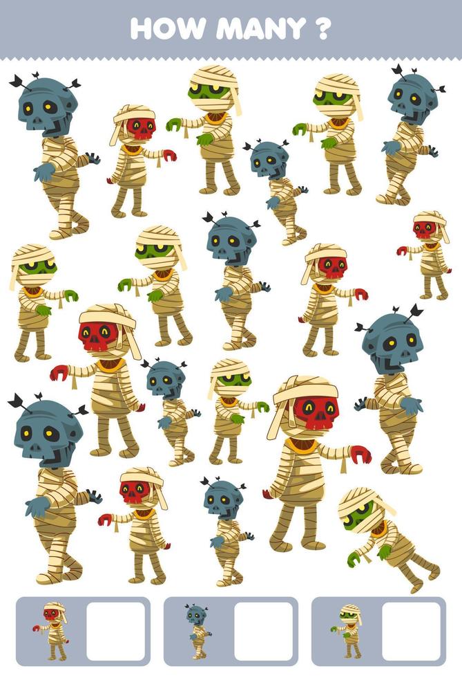 juego educativo para niños buscando y contando cuántos objetos de dibujos animados lindo disfraz de momia hoja de trabajo imprimible de halloween vector