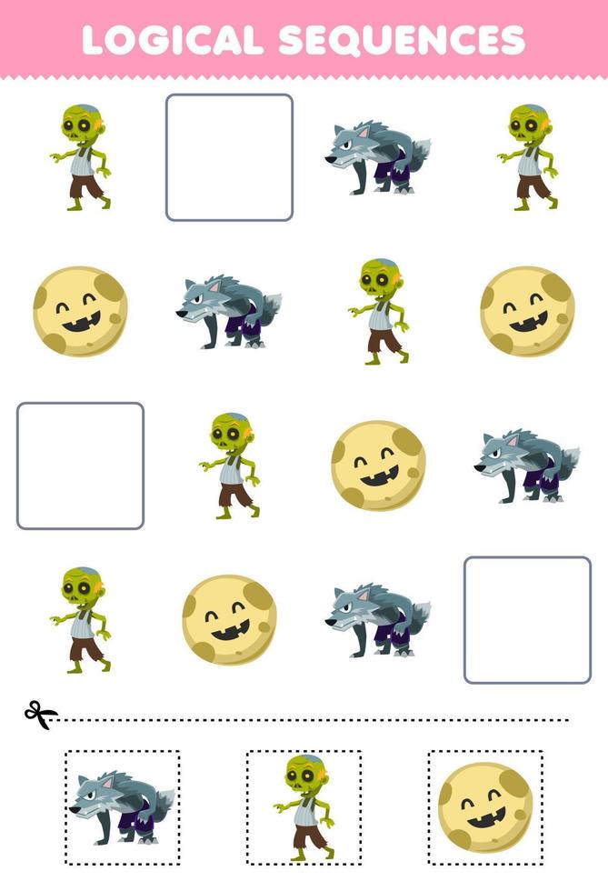 Education game for children logical sequences for kids with cute cartoon moon werewolf zombie costume picture halloween printable worksheet vector