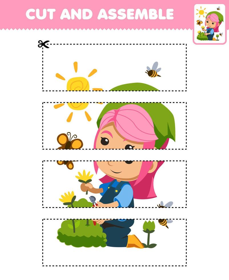 Education game for children cutting practice and assemble puzzle with cute cartoon florist picking flowers beside butterfly and bee farm printable worksheet vector