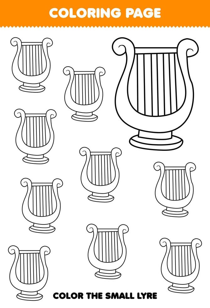 Education game for children coloring page big or small picture of music instrument lyre printable worksheet vector