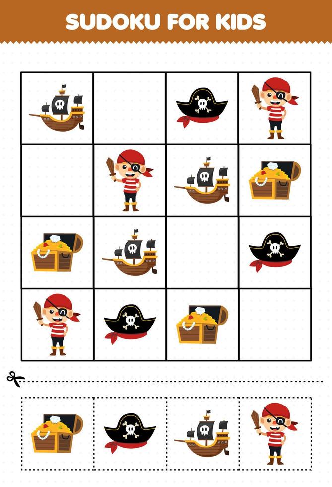 juego educativo para niños sudoku para niños con dibujos animados lindo cofre del tesoro sombrero barco pirata disfraz halloween hoja de trabajo imprimible vector