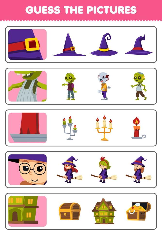 Education game for children guess the correct pictures of cute cartoon hat zombie candle witch spooky house halloween printable worksheet vector