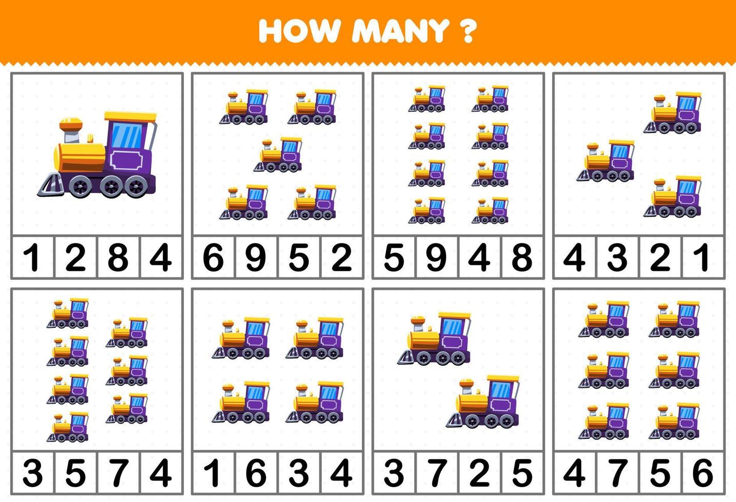 juego educativo para niños contando cuántos objetos hay en cada tabla de la hoja de trabajo imprimible del vehículo de transporte de la locomotora del tren de dibujos animados vector