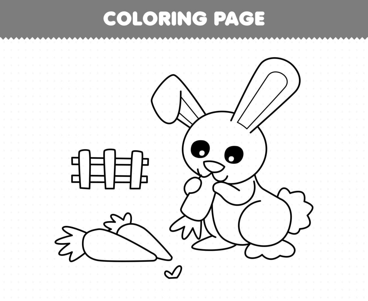 Education game for children coloring page of cute cartoon rabbit eating carrot line art printable farm worksheet vector