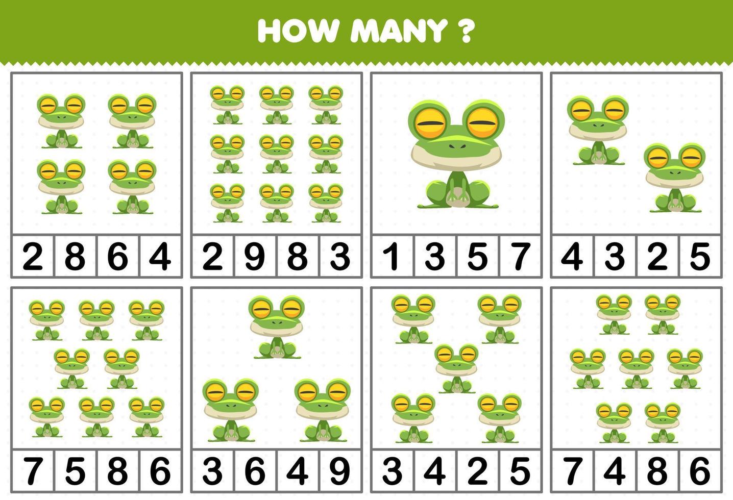 Education game for children counting how many objects in each table of cute cartoon frog animal printable worksheet vector