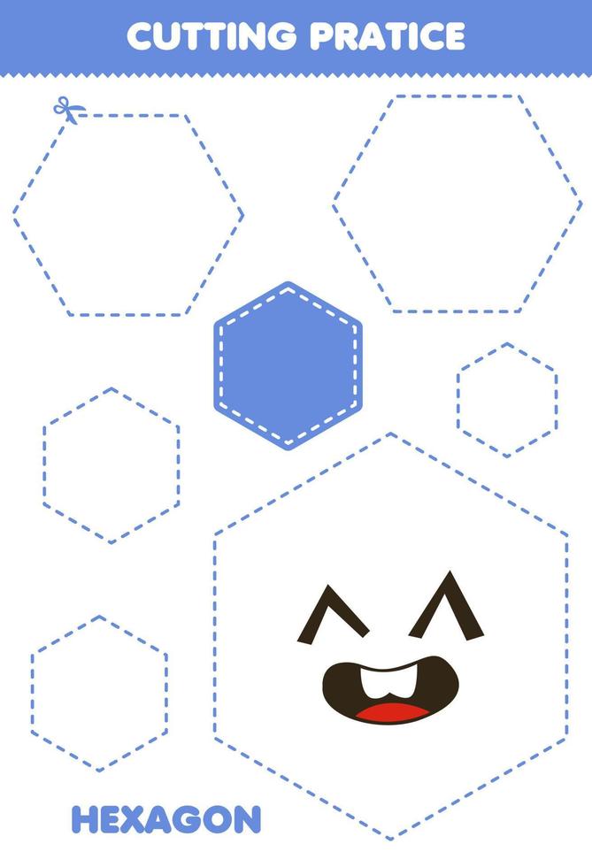 juego educativo para niños práctica de corte con hoja de trabajo imprimible hexagonal de forma geométrica vector