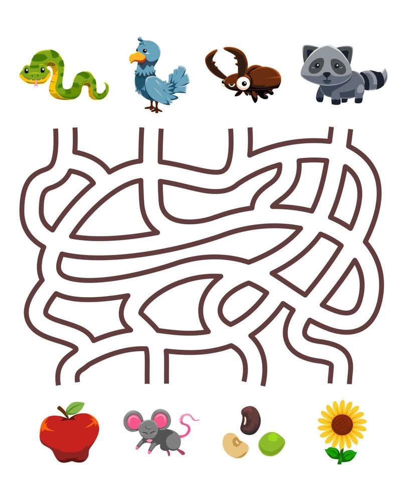 Maze puzzle game for children pair cute cartoon snake dove beetle raccoon with the correct food printable worksheet vector