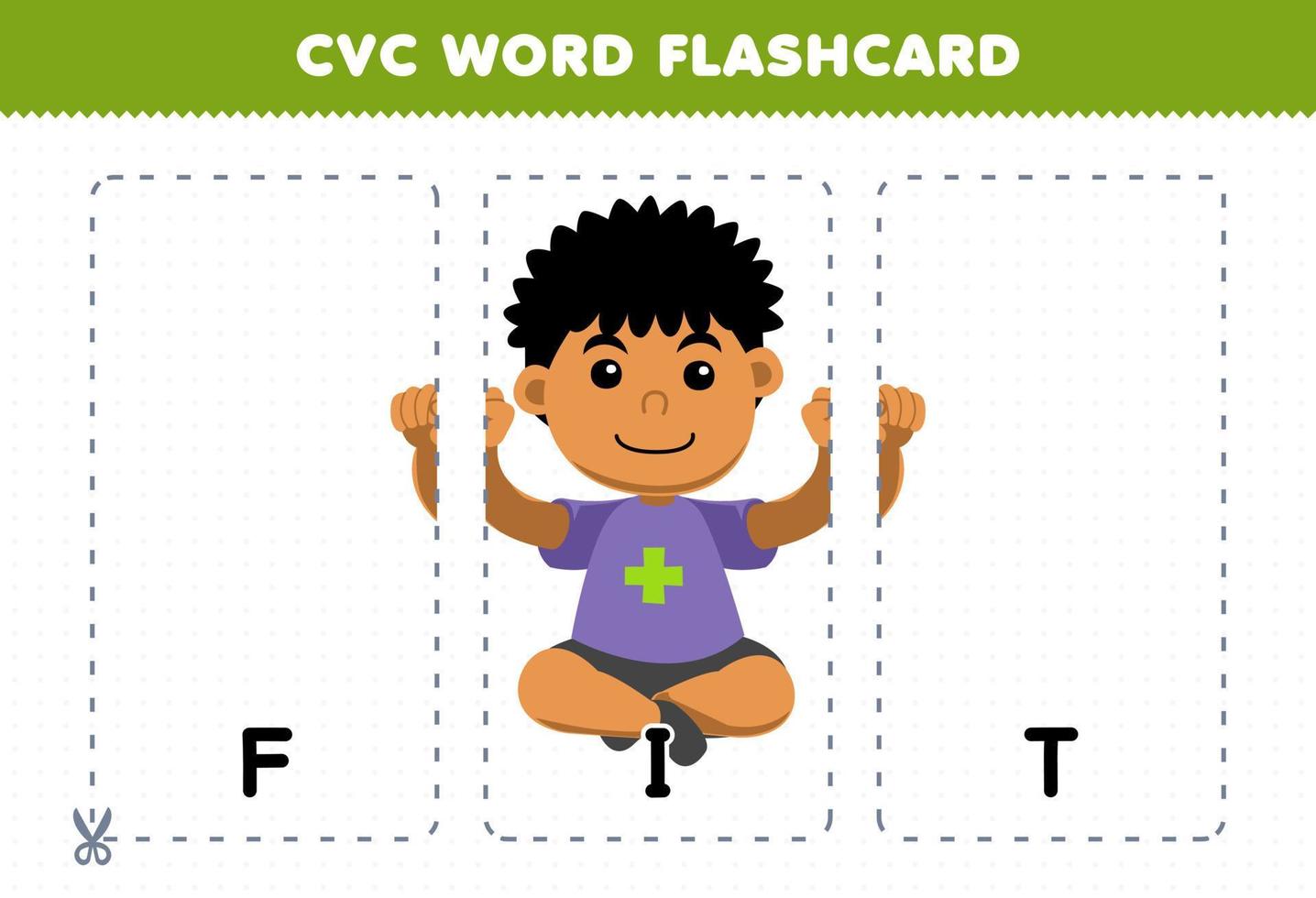 Education game for children learning consonant vowel consonant word with cute cartoon FIT body boy illustration printable flashcard vector