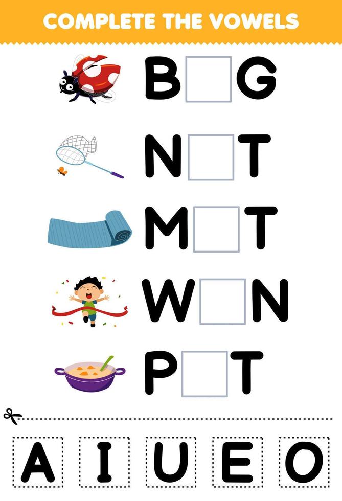 juego educativo para niños completar las vocales de dibujos animados lindo bug net mat win pot ilustración hoja de trabajo imprimible vector