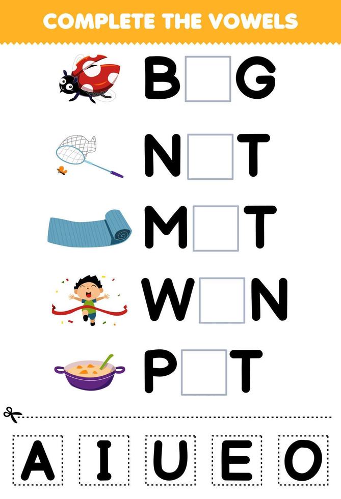 Education game for children complete the vowels of cute cartoon bug net mat win pot illustration printable worksheet vector
