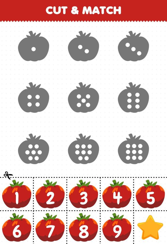 Educational game for kids count the dots on each silhouette and match them with the correct numbered red tomato vegetables printable worksheet vector