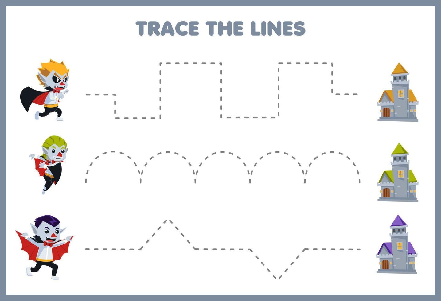 Education game for children handwriting practice trace the lines with cute cartoon castle and dracula costume picture halloween printable worksheet vector